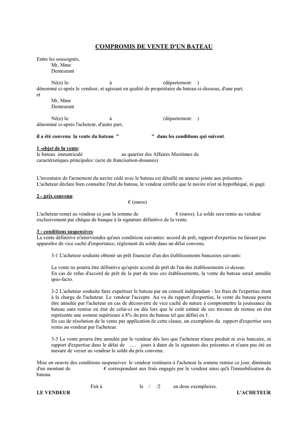 téléchargez gratuitement un modèle de compromis de vente pour bateau. facilitez et sécurisez la vente ou l'achat de votre bateau grâce à un document conforme et facile à remplir.